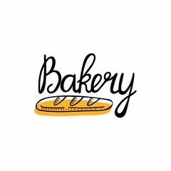 Bakery homemade emblem. Hand drawn doodle label for bakery food packaging, local product simple stamp, lettering text with long loaf bread, french baguette, pastry logo vector isolated colored sticker