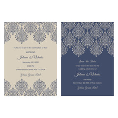 Wedding Invitation, save the date  card baroque style blue and beige color. Vintage  Pattern. Retro Victorian ornament. Frame with flowers elements. Vector illustration. - 393634246