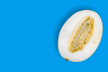 Yellow melon on a blue background. Melon seamless pattern.