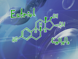 Chemical molecular formula of the hormone Estriol k . Infographics. Abstract bright glitter blue background.