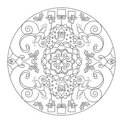 Christmas coloring page. Mandala. Santa claus and little doves carrying gifts. Black and white. Vector illustration.