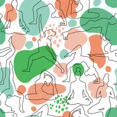 Trend seamless pattern of yoga class green blue terracotta with abstract shape line art vector bakground.