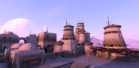 Futuristic Sci-fi scene. Desert outpost against pink alien sky. Stone towers with neon lights. Retro future wallpaper. Photorealistic 3D illustration. © Valeriy