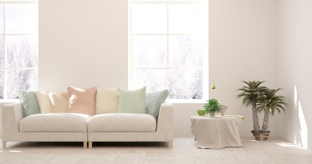 White living room with sofa and winter landscape in window. Scandinavian interior design. 3D illustration