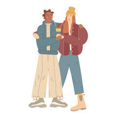 Happy lesbian lgbt young couple on their first first date. Homosexual teenagers in casual closing with lgbt symbolic. Interracial youth gay couple. Flat vector illustration.