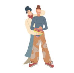 Lesbian girl make a surprise for her partner on valentine's day. Homosexual lgbt teenagers in casual closing with lgbt symbolic.Date in homosexual relationships.FLat illustration isolated on white.