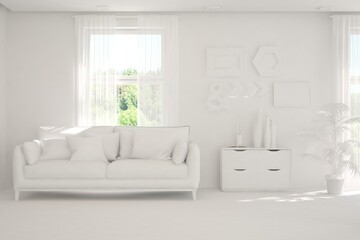 White minimalist living room with sofa. Scandinavian interior design. 3D illustration