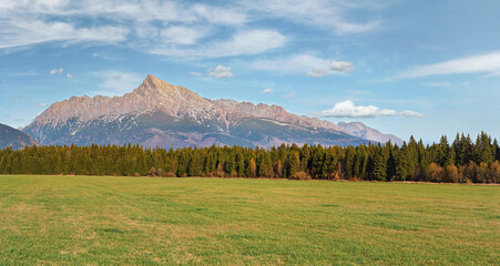 Wide high resolution panorama of green meadow with small forest and mount Krivan peak - Slovak symbol - in distance, blue sky above