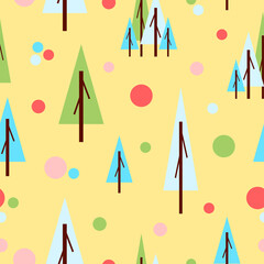 Seamless pattern with green fir trees and circles. Yellow background. Flat style. Holiday decoration. Happy New Year. Merry Christmas. Postcards, wallpaper, textile, scrapbooking and wrapping paper