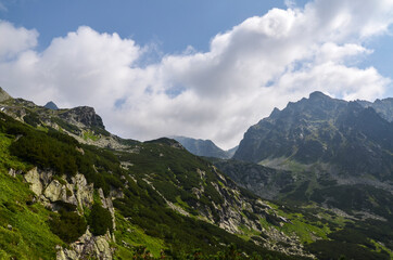 Fototapeta na wymiar Foggy mountains landscape, hiking trail in Mengusovska valley, High Tatras (Vysoke Tatry), Slovakia