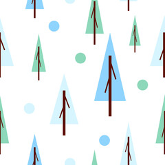 Seamless pattern winter blue and green fir trees. White background. Flat style. Garden or forest. Nature and ecology. Merry Christmas. Postcards, wallpaper, textile, scrapbooking and wrapping paper
