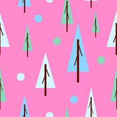 Seamless pattern winter blue and green fir trees. Pink background. Flat style. Garden or forest. Nature and ecology. Merry Christmas. Postcards, wallpaper, textile, scrapbooking and wrapping paper