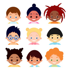 Collection of cute kids avatars. Portraits of smiling multinational children. Vector illustration isolated on white background.