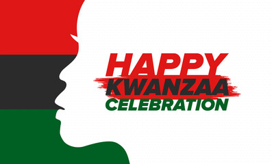 Kwanzaa Happy Celebration. African and African-American culture holiday. Seven days festival, celebrate annual from December 26 to January 1. Black history. Poster, card, banner and background. Vector