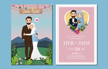  Wedding invitation card the bride and groom cute  muslim couple cartoon with Landscape beautiful background 