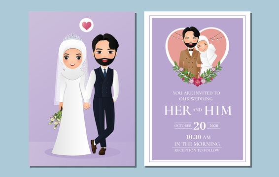  Wedding invitation card the bride and groom cute muslim couple cartoon  with beautiful flowers