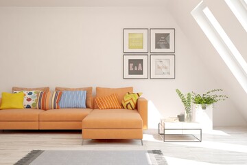 White living room with sofa. Scandinavian interior design. 3D illustration