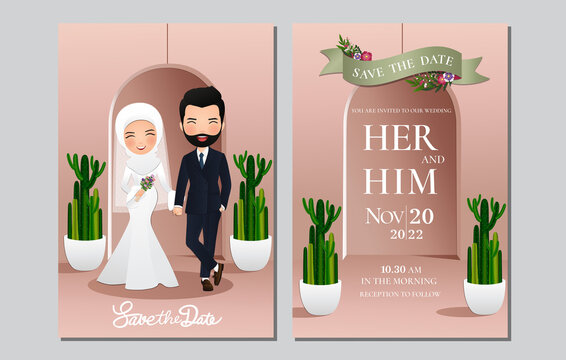  Wedding invitation card the bride and groom cute muslim couple cartoon character with green cactus and light pink background.Vector illustration 