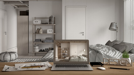 Architect designer desktop concept, laptop on wooden work desk with screen showing interior design project, blueprint draft background, cosy peaceful wooden bedroom with bed, shelves