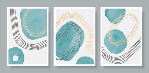Abstract vector modern posters illustration hand drawn minimalist artwork watercolor background blue shapes circles. Contemporary artist.Design decorative mid century covers, social media page