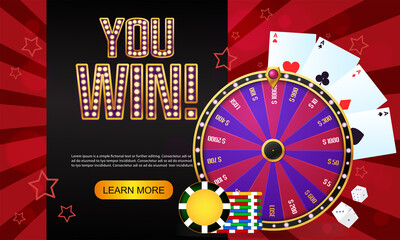 Casino chip, roulette wheel, playing cards. Casino and gambling abstract concept. Entertainment, leisure. Website, webpage and mobile app, application template. Flat vector illustration.