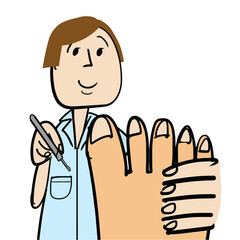 Fototapeta premium Young Chiropodist woman with brown hair taking care of feet