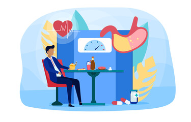 Obesity and unhealthy lifestyle concept. Vascular diseases and diabetes prevention. Man sitting at table, eating fast food. Flat cartoon vector illustration