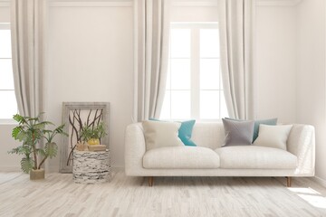 White living room with sofa. Scandinavian interior design. 3D illustration