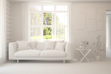 White living room with sofa and summer landscape in window. Scandinavian interior design. 3D illustration