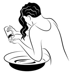 A woman washes her hair on her own with shampoo in a bowl. Vector illustration.