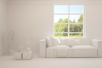 White living room with sofa and summer landscape in window. Scandinavian interior design. 3D illustration