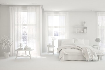 Modern bedroom in white color. Scandinavian interior design. 3D illustration