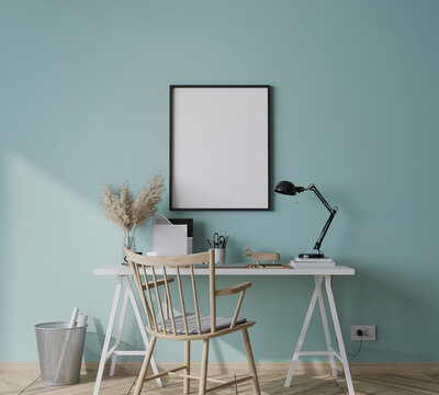 mock up frame in bright farmhouse interior background, white wooden office on blue wall, 3d render