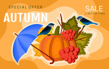 Autumn sale banner, poster, greeting card, template. Special offer. Big sale discounts in stores, shops. Background in fall style with leaves, plants and season colors. Colorful vector illustration