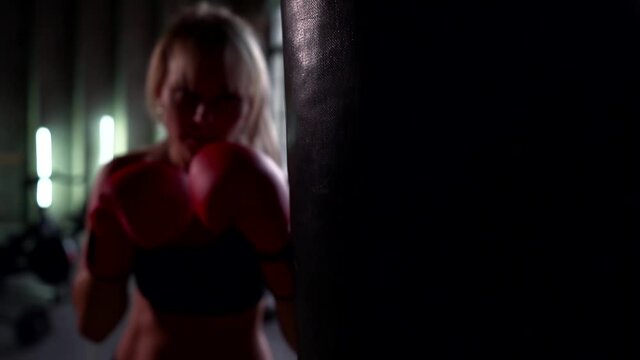 box training in gym, young attractive lady is punching by hands, using hanging boxing bag
