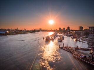 Hamburg sunset view from the Elbphilhamonie Building to the port and Elbe river