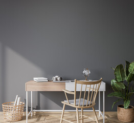mock up wall in bright farmhouse interior background, white wooden office on dark gray wall, 3d render