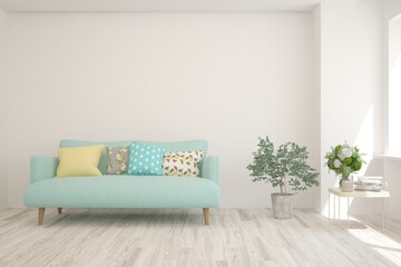 White living room with sofa. Scandinavian interior design. 3D illustration