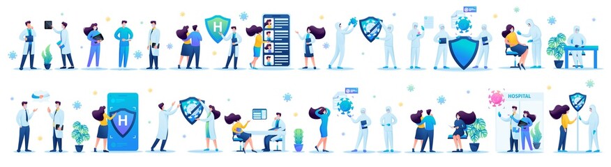 Big Set of medical personage for creating illustrations and landing pages. Transmission of the virus, testing for the virus
