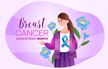 Breast cancer awareness month banner, poster, template. Young girl with blue ribbon sign or symbol on background of spring flowers. Female health. Vector illustration isolated on white background