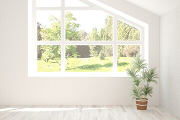 White empty room with summer landscape in window. Scandinavian interior design. 3D illustration