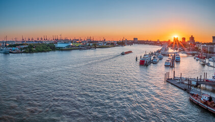 Hamburg sunset view from the Elbphilhamonie Building to the port and Elbe river