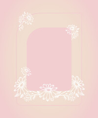 Fototapeta na wymiar Square frame with white chamomile flowers on a soft powdery background. Wedding invitation blank for the inscription. Vector flowers in doodle style. Poster, postcard, banner.