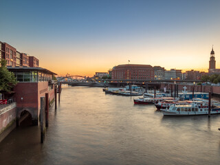 Hamburg sunset view from the Elbphilhamonie Building to the port and Elbe river