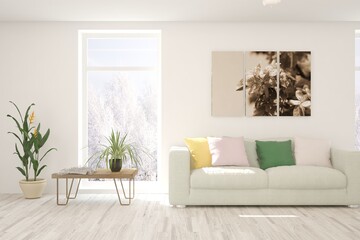 White living room with sofa and winter landscape in window. Scandinavian interior design. 3D illustration