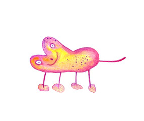 Cute cartoon animal for Valentine's day in the shape of a heart. Pet fluffy pink and yellow. Watercolor hand flat illustration
