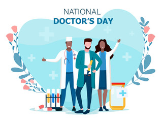 National doctors day concept. Group of diverse doctors in medical coats and masks on heart background. Greeting card, poster, template, layout. Flat cartoon vector illustration