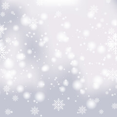 Snowfall on a white winter christmas vector background. Shining snow and snowflakes for bokeh festive background. Card or banner with flakes confetti scatter. Freezing cold symbols.