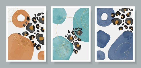 Abstracr art vector posters illustration watercolor background with leopard pattern with splashes paint. Design template for banner, sale promotion, special offer, cover, banner, social media post.