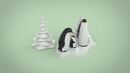 Low poly penguin family with christmas tree 3d render illustration on light soft blue background © Hryhorii